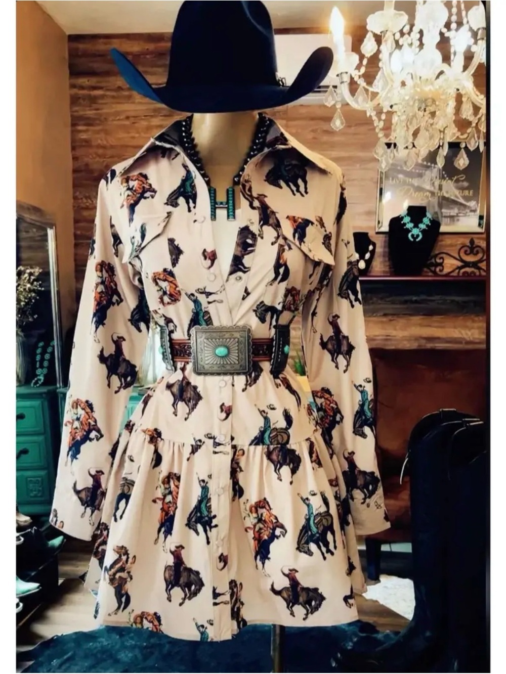 Western Rodeo Print Shirt Dress in Cream